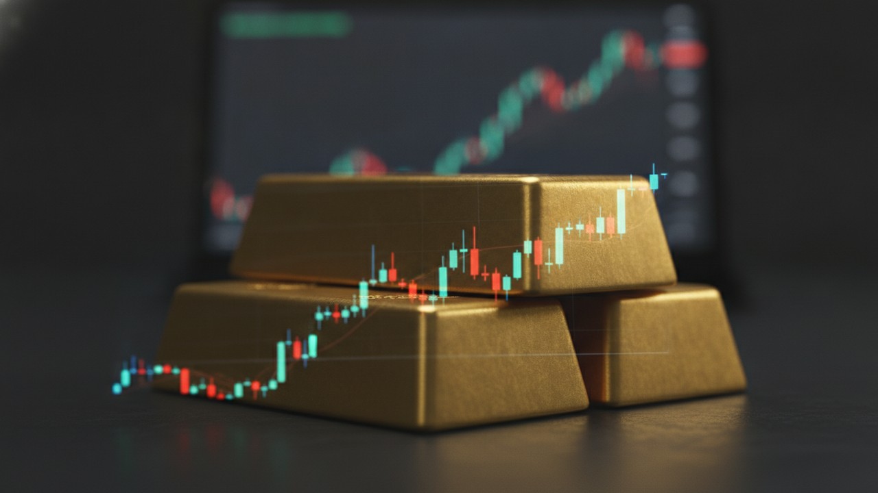 Gold bars with a candlestick chart