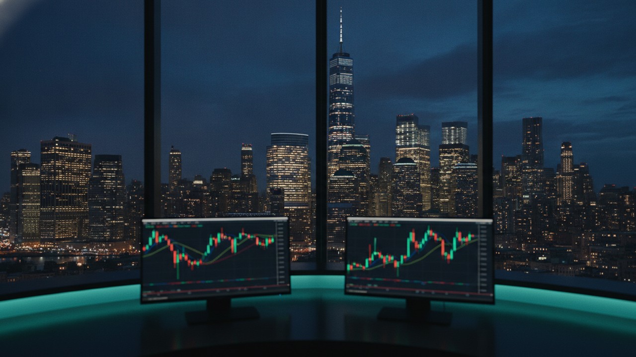Trading desk overlooking the New York skyline